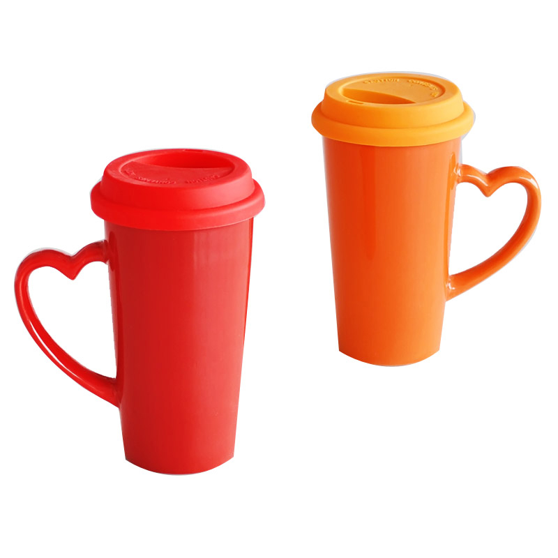 ceramic V shape mug with heart handle & silicone lid