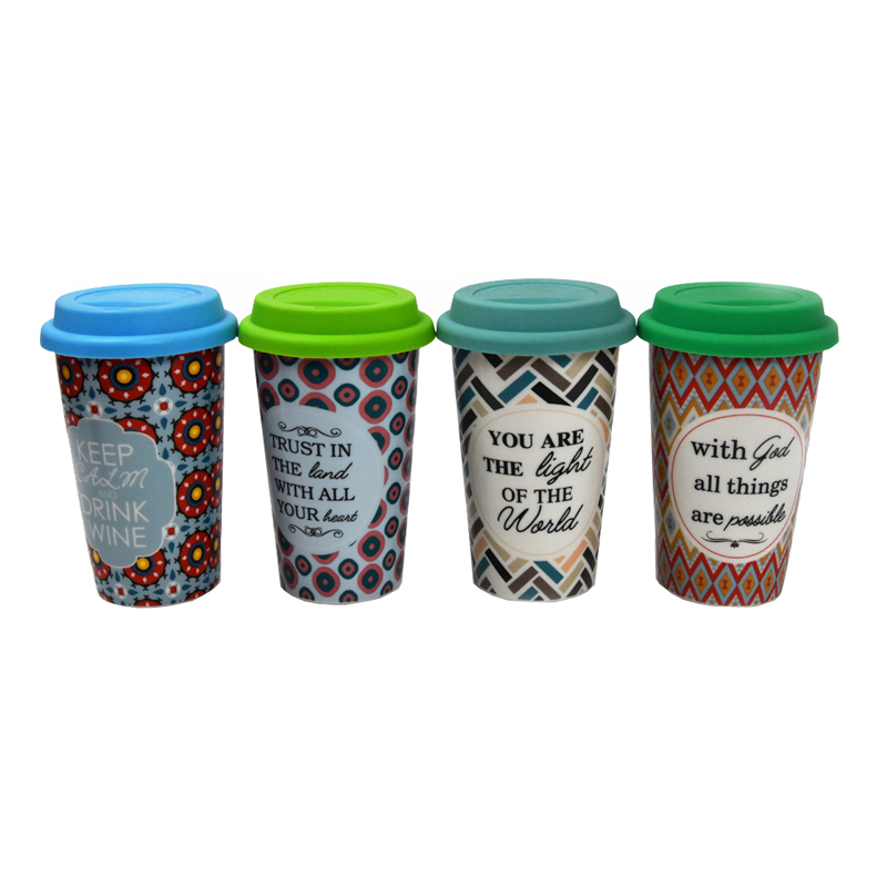 Ceramic Travel Mug with Customized Decal Printing, Double Wall Mug with Silicone Lid