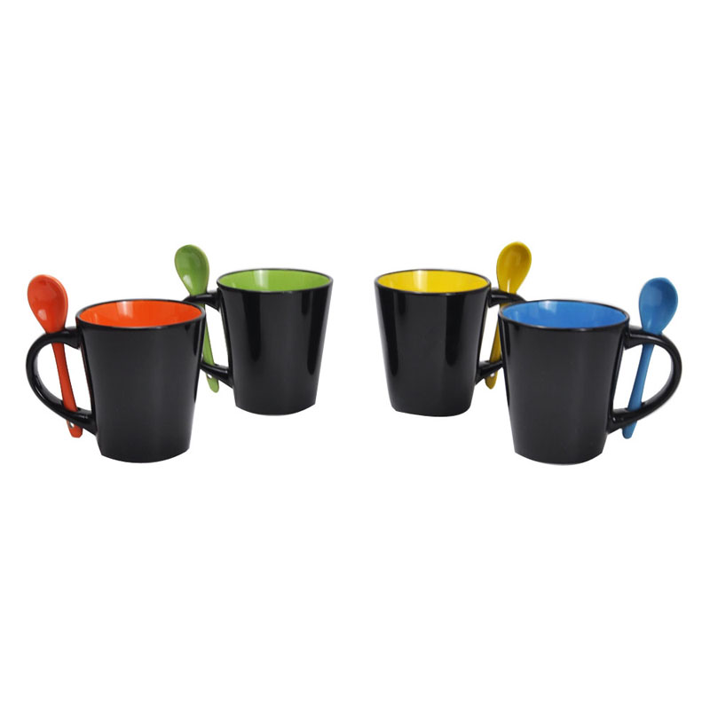 Unique Style and Solid Color Ceramic V-Shape Mug with Spoon