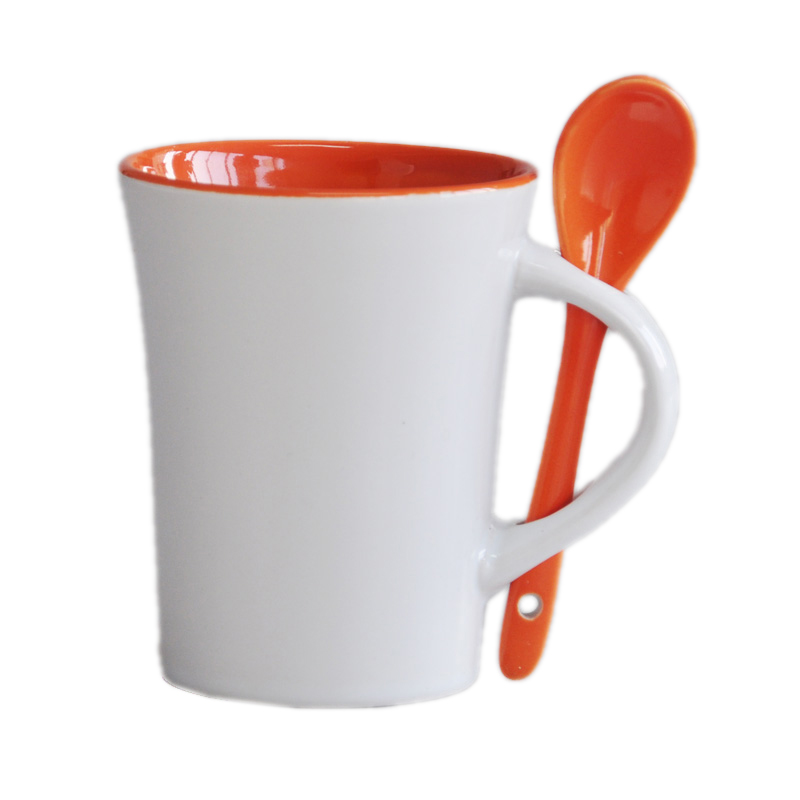 8oz high quality solid color glazed food safety ceramic mug with spoon
